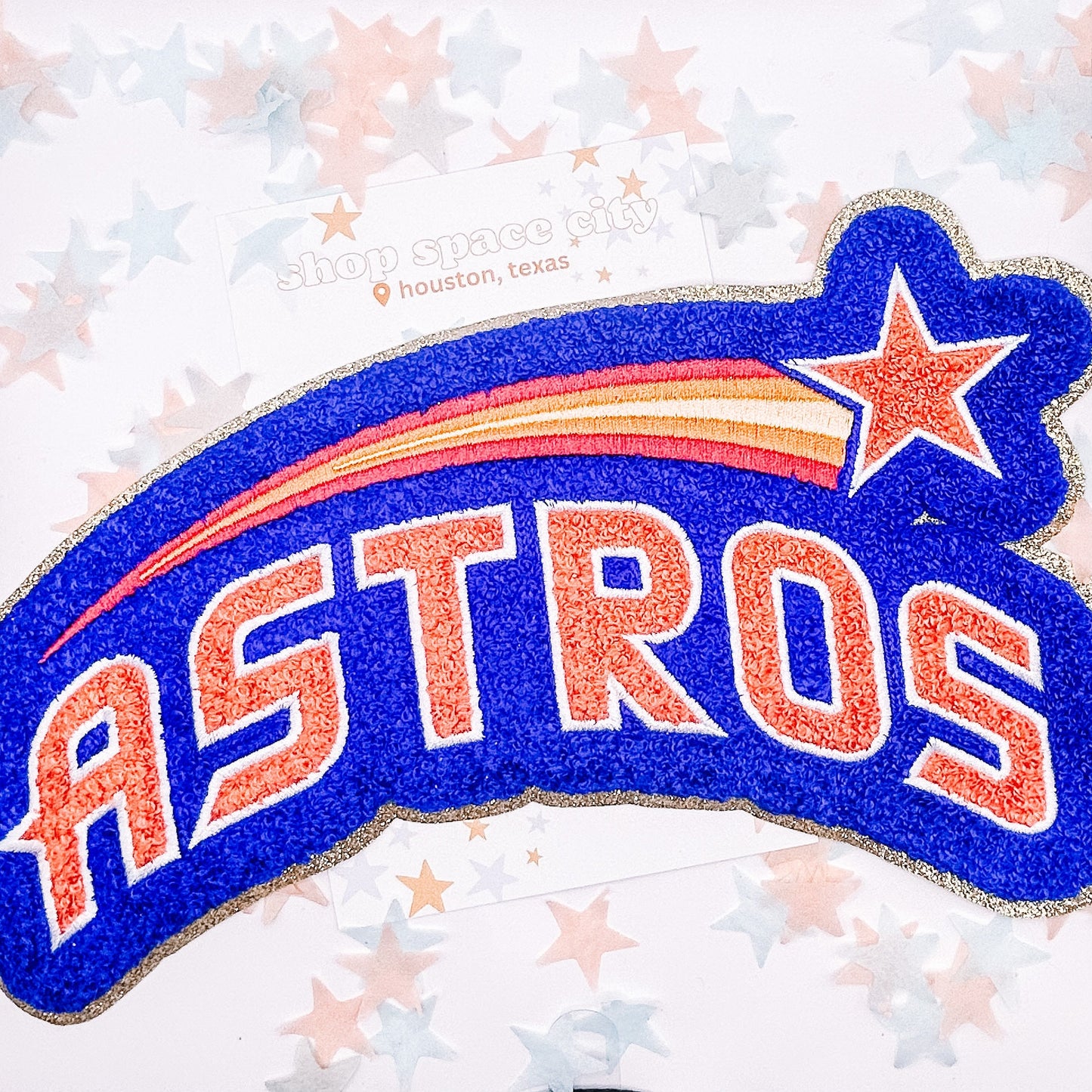XXL JUMBO Houston Astros Logo with Star + Gold Glitter Iron On Patch | Houston Astros | Space City | Chenille Patch
